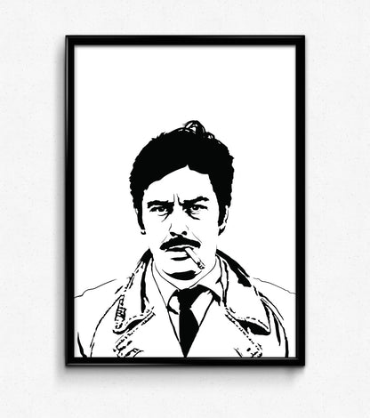  digital minimalist stencil illustration of french actor alain delon in le cercle rouge smoking a cigarette, framed art print