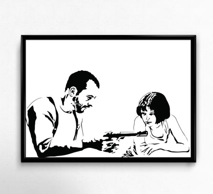  digital minimalist stencil illustration of jean reno and natalie portman from leon the professional, leon is showing matilda a pistol, framed art print