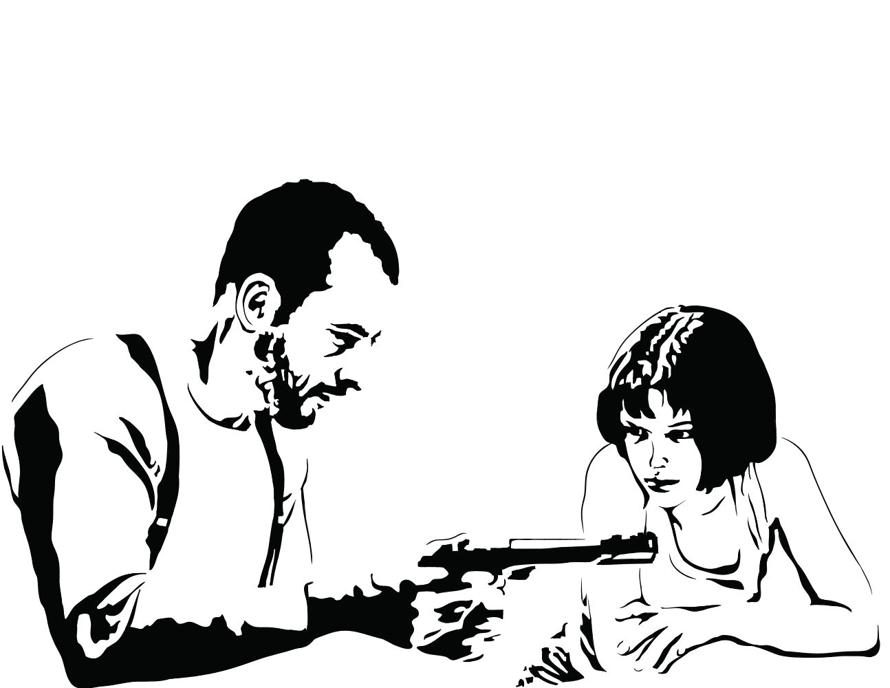  digital minimalist stencil illustration of jean reno and natalie portman from leon the professional, leon is showing matilda a pistol