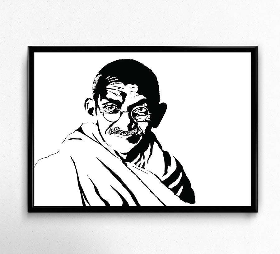 minimalist black and white digital illustration of indian leader mahatma gandhi ghandi in portrait, framed art print