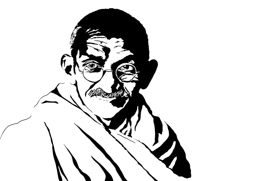 minimalist black and white digital illustration of indian leader mahatma gandhi ghandi in portrait