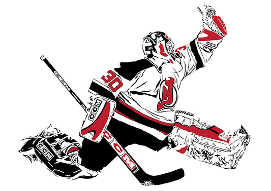 minimalist digital illustration of new jerseys goalie martin brodeur making a glove save , illustration is black and white with red spot coloring