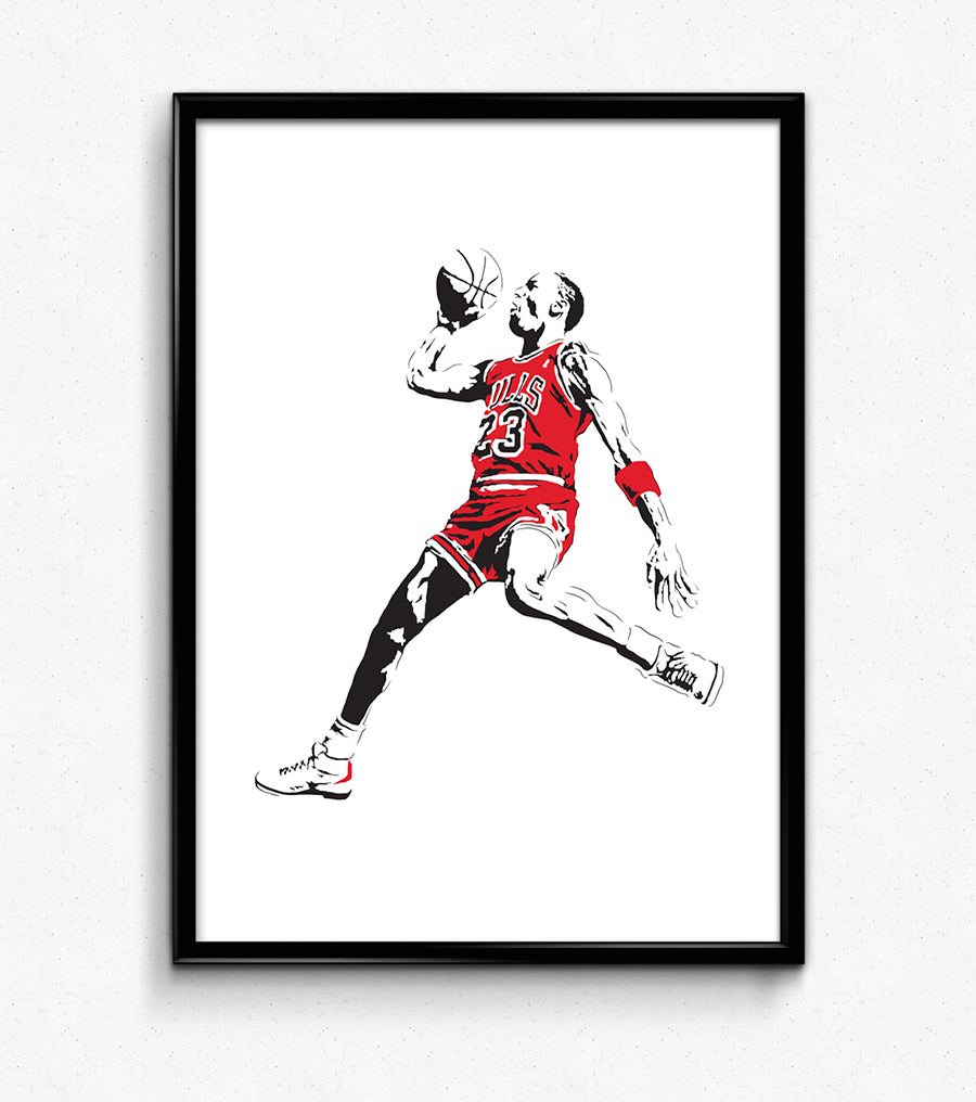  digital minimalist stencil illustration of chicago bulls legend michael jordan flying through the air to slam dunk, framed art print