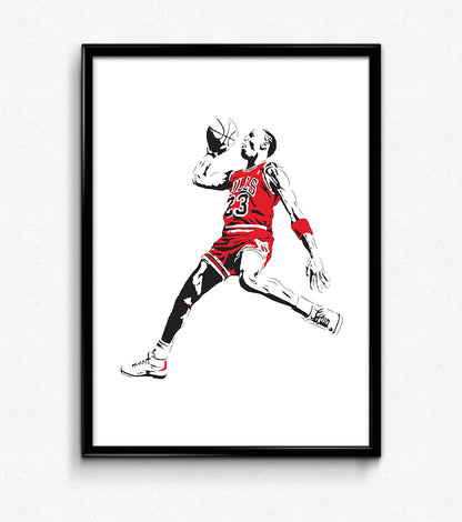  digital minimalist stencil illustration of chicago bulls legend michael jordan flying through the air to slam dunk, framed art print