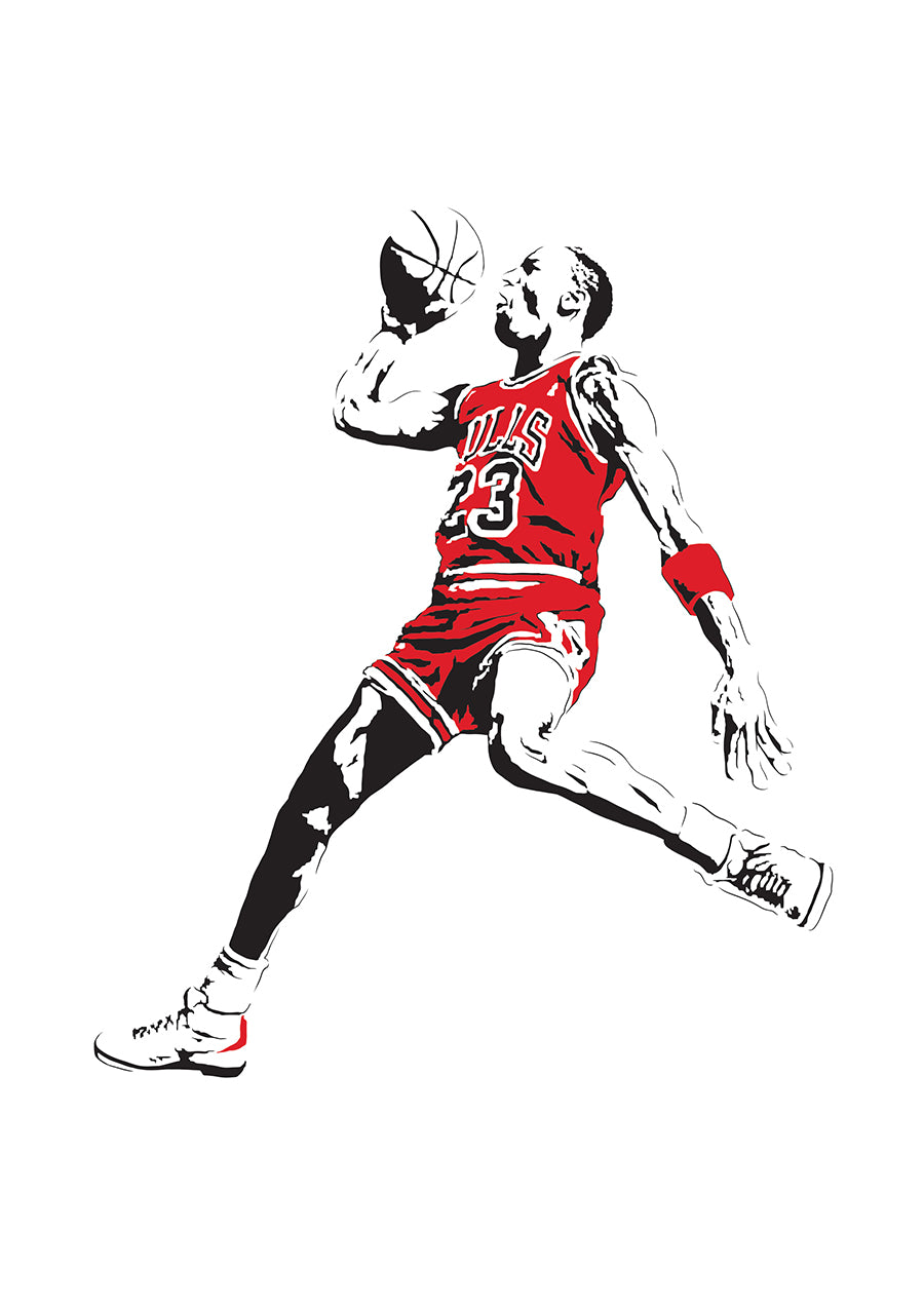  digital minimalist stencil illustration of chicago bulls legend michael jordan flying through the air to slam dunk