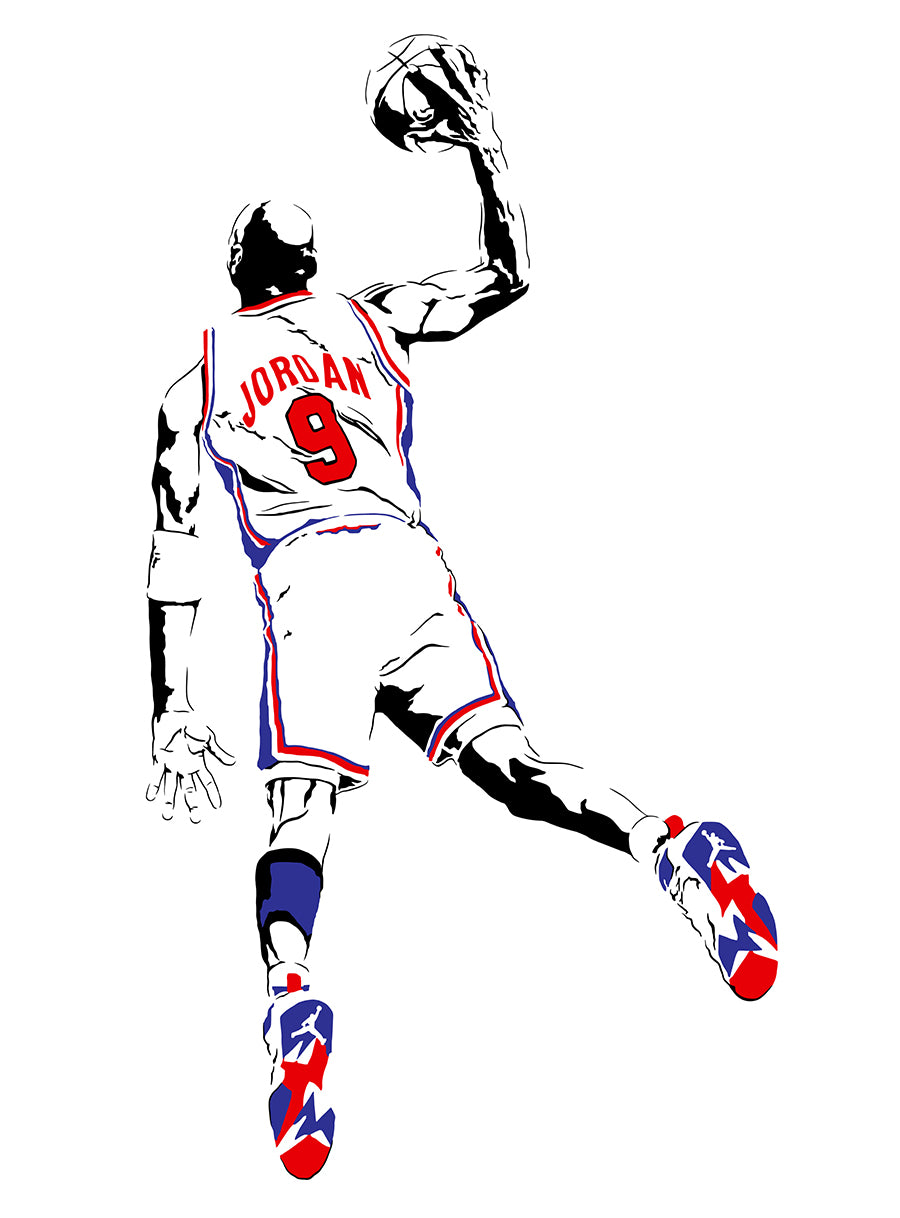  digital minimalist stencil illustration of basketball legend michael jordan playing for the united states olympic team aka the dream team