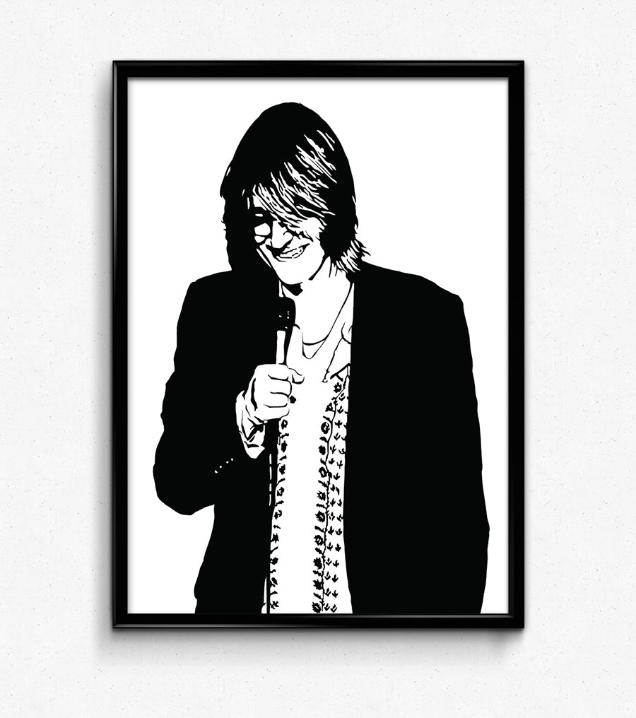 digital minimalist stencil illustration of stand up comedian mitch hedberg laughing into a microphone, framed art print