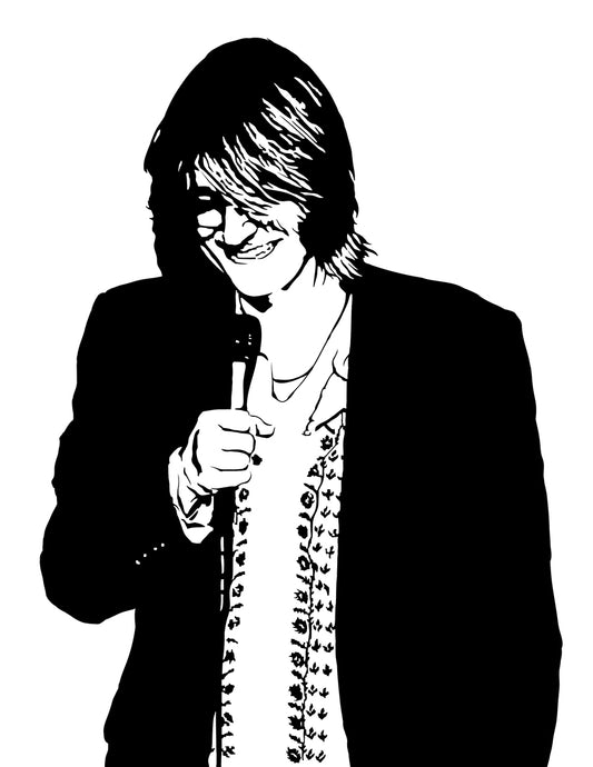 digital minimalist stencil illustration of stand up comedian mitch hedberg laughing into a microphone