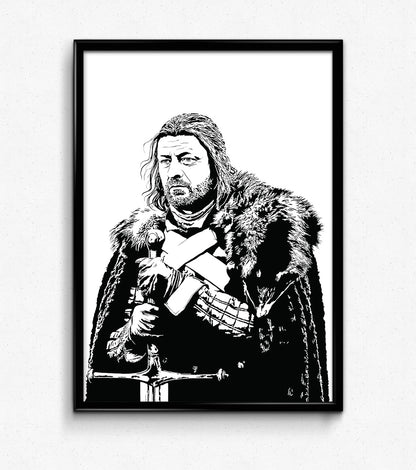 digital minimalist stencil illustration of ned stark from game of thrones played by sean bean, wearing a fur cloak and holding his greatsword, framed art print