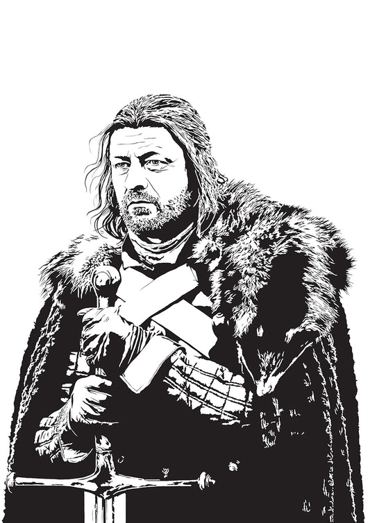 digital minimalist stencil illustration of ned stark from game of thrones played by sean bean, wearing a fur cloak and holding his greatsword