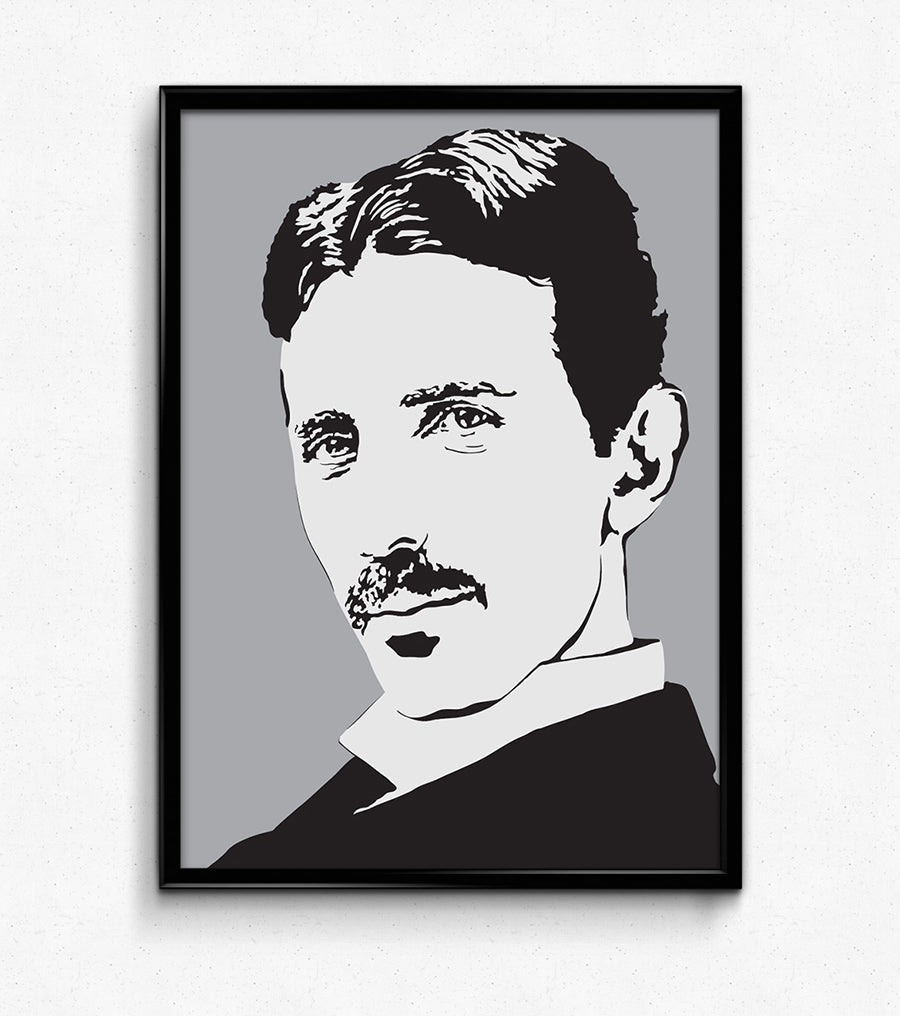 digital minimalist stencil illustration of scientist nikola tesla in portrait, framed art print