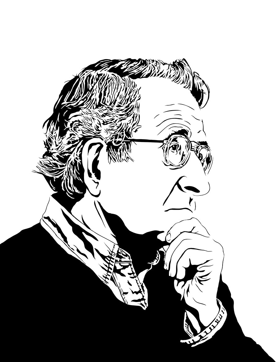 minimalist black and white portrait illustration of noam chomsky, father of linguistics and professor at MIT