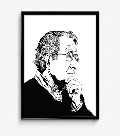 minimalist black and white portrait illustration of noam chomsky, father of linguistics and professor at MIT, framed art print