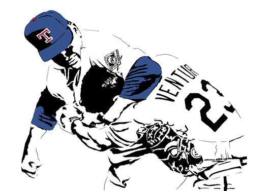 digital minimalist stencil illustration of texas rangers pitching legend nolan ryan with robin ventura in a headlock ready to throw a punch