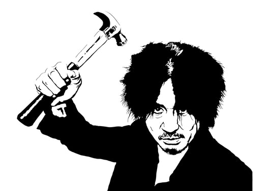 digital minimalist stencil illustration of oh dae-su from oldboy holding a hammer