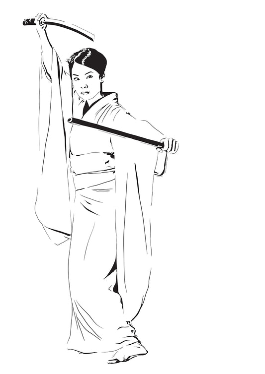 digital minimalist stencil illustration of lucy liu as o-ren ishii from kill bill holding two swords in a kimono