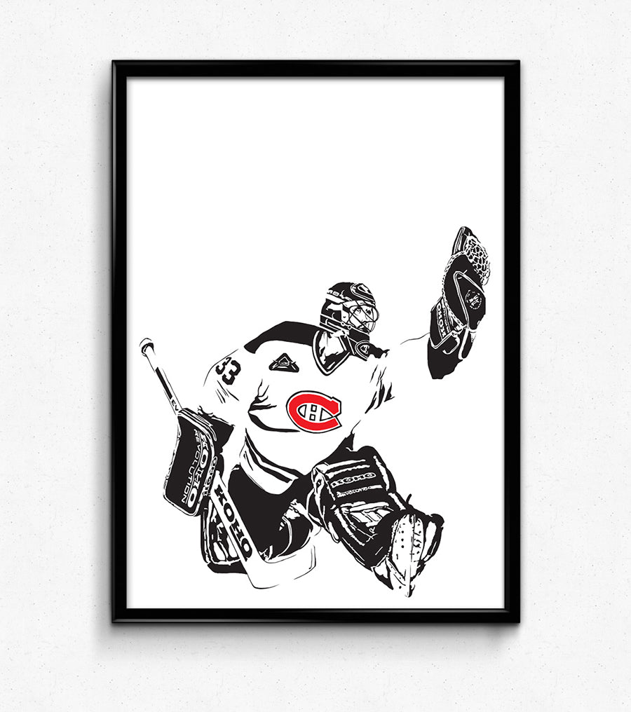 digital minimalist stencil illustration of montreal canadiens legendary goalie patrick roy making a glove save, framed art print