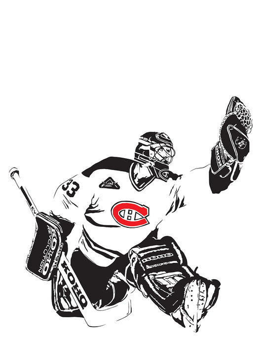 digital minimalist stencil illustration of montreal canadiens legendary goalie patrick roy making a glove save