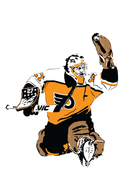 digital minimalist stencil illustration of philadelphia flyers goalie ron hextall making a glove save