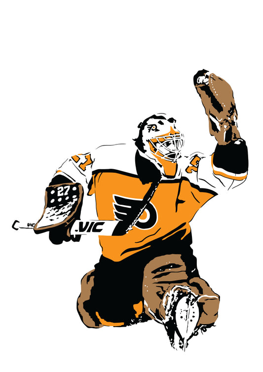 digital minimalist stencil illustration of philadelphia flyers goalie ron hextall making a glove save