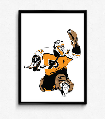 digital minimalist stencil illustration of philadelphia flyers goalie ron hextall making a glove save, framed art print