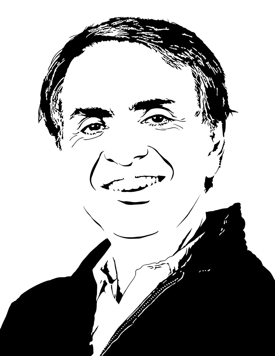 minimalist black and white digital illustration of a portrait of carl sagan smilling