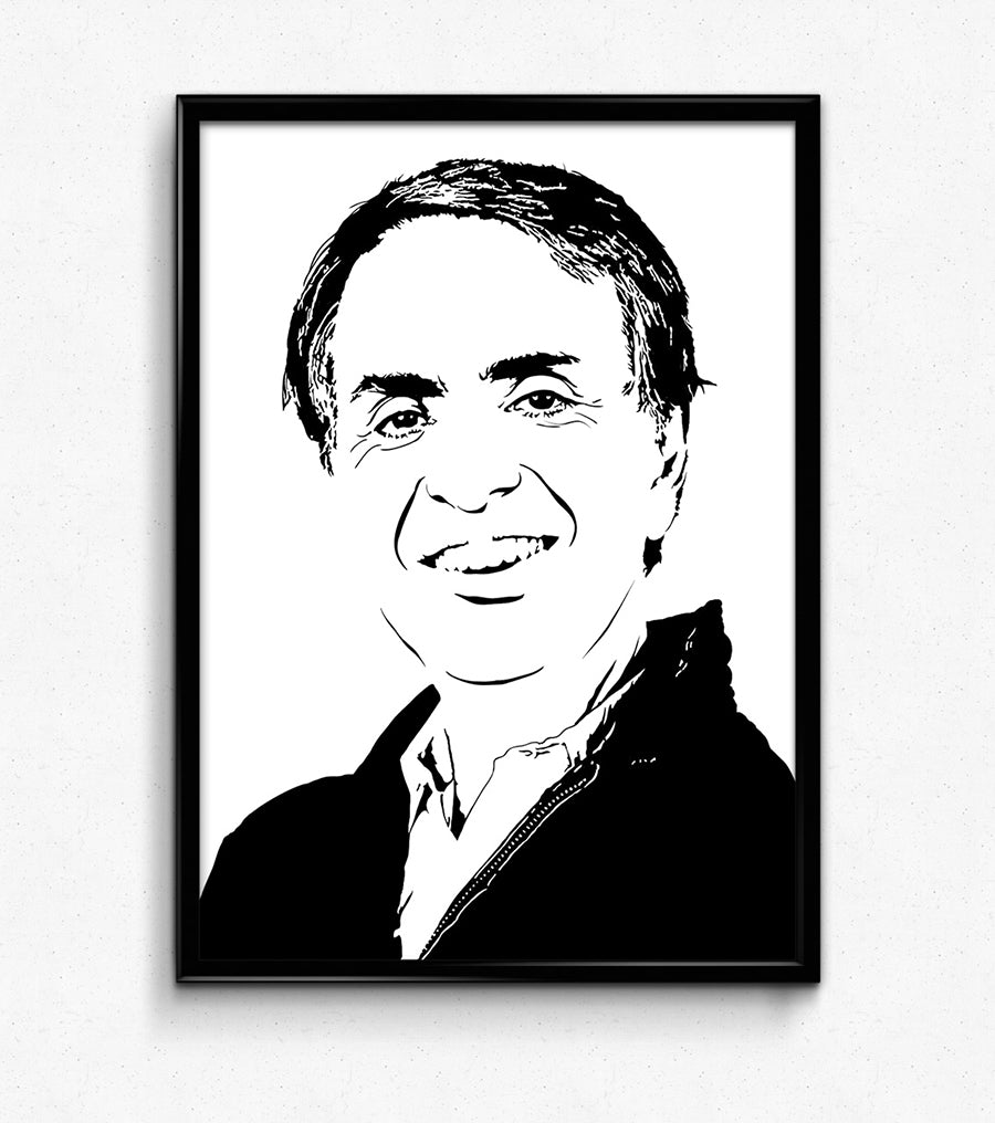 minimalist black and white digital illustration of a portrait of carl sagan smilling, framed art print