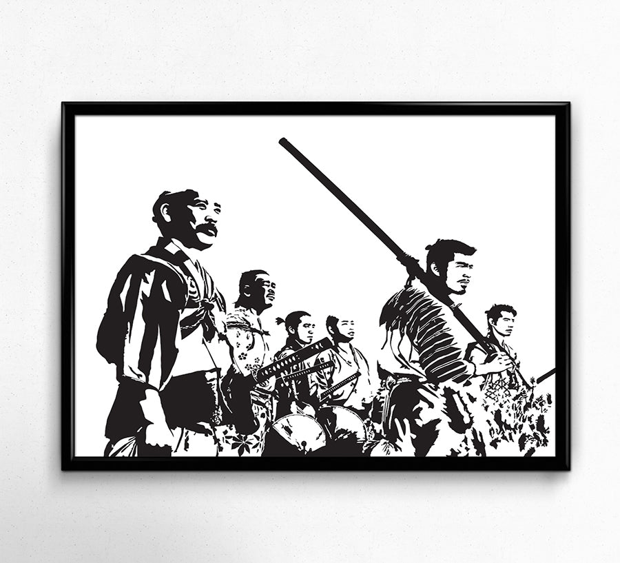 digital minimalist stencil illustration of the seven samurai, samurai standing in a field looking into the future, framed art print