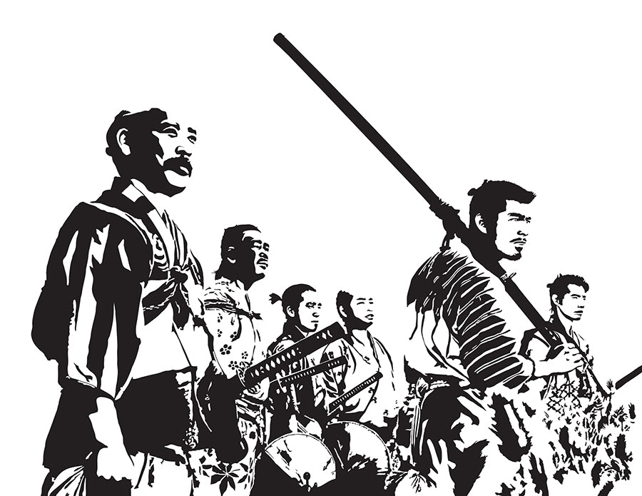 digital minimalist stencil illustration of the seven samurai, samurai standing in a field looking into the future