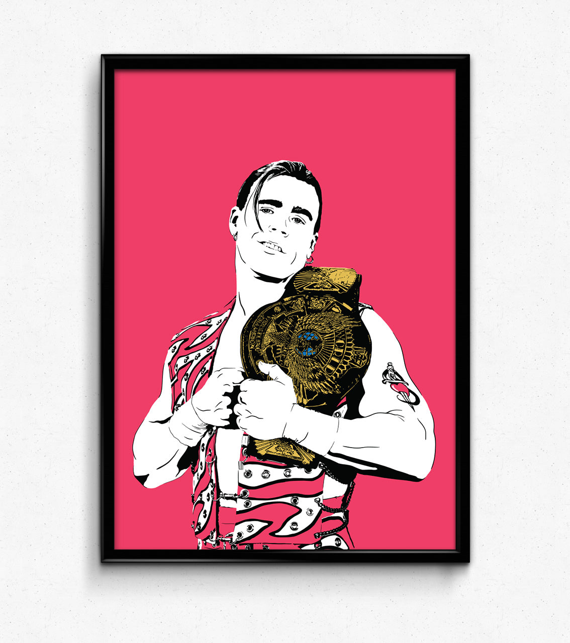 digital minimalist stencil illustration of professional wrestler shawn michaels the heartbreak kid with the WWF world championship belt, framed art print