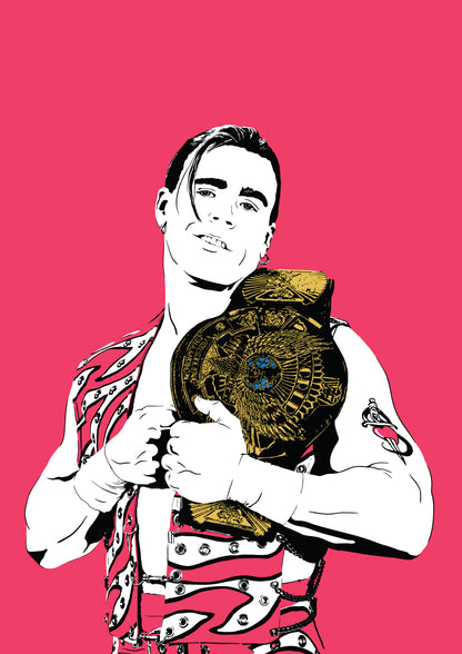 digital minimalist stencil illustration of professional wrestler shawn michaels the heartbreak kid with the WWF world championship belt