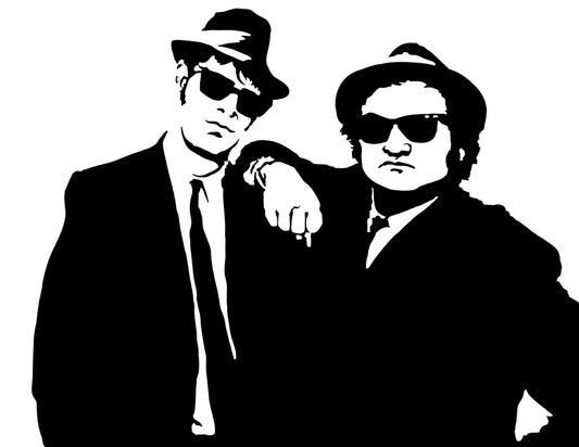 black and white digital illustration of the blues brothers starring dan aykroyd and john belushi, both are wearing black suits and black sunglasses leaning against one another