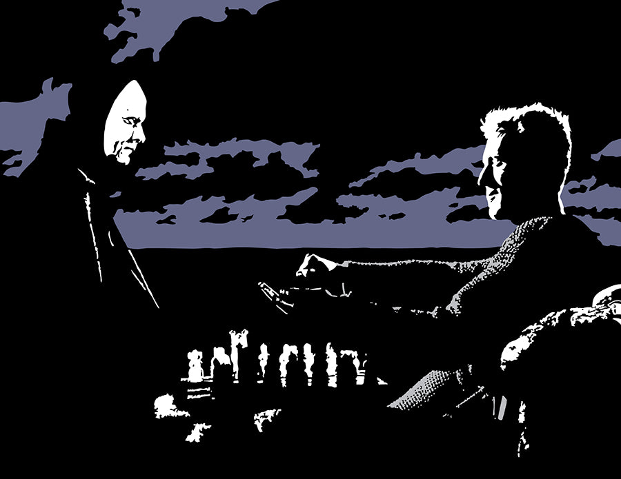 digital minimalist stencil illustration of the seventh seal scene where the knight plays chess with death