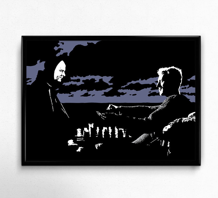 digital minimalist stencil illustration of the seventh seal scene where the knight plays chess with death, framed art print