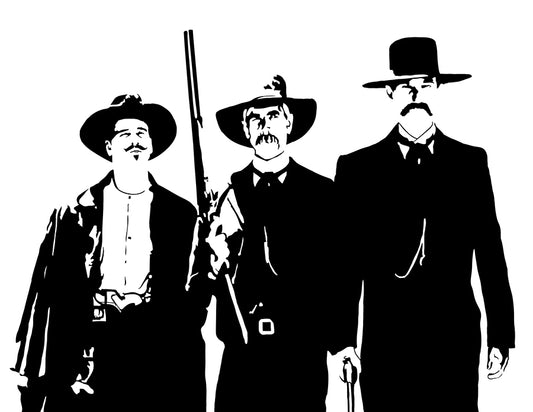 digital minimalist stencil illustration of val kilmer as doc holliday, sam elliott as virgil earp, and kurt russell as wyatt earp from the film Tombstone