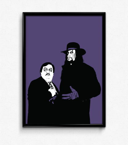 digital minimalist stencil illustration of professional wrestler the undertaker and paul bearer, framed art print