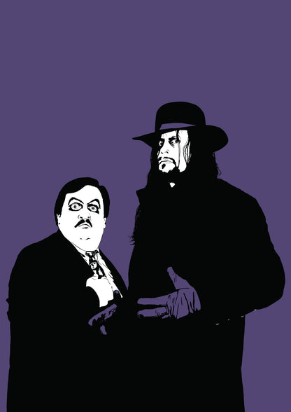 digital minimalist stencil illustration of professional wrestler the undertaker and paul bearer