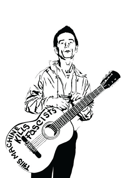 digital minimalist stencil illustration of folk guitarist and musician woody guthrie holding his guitar which has writing that says "this machine kills fascists"