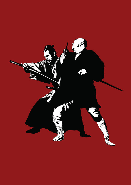 digital minimalist stencil illustration of toshiro mifune from the film yojimbo directed by akira kurosawa, in the midst of a samurai duel